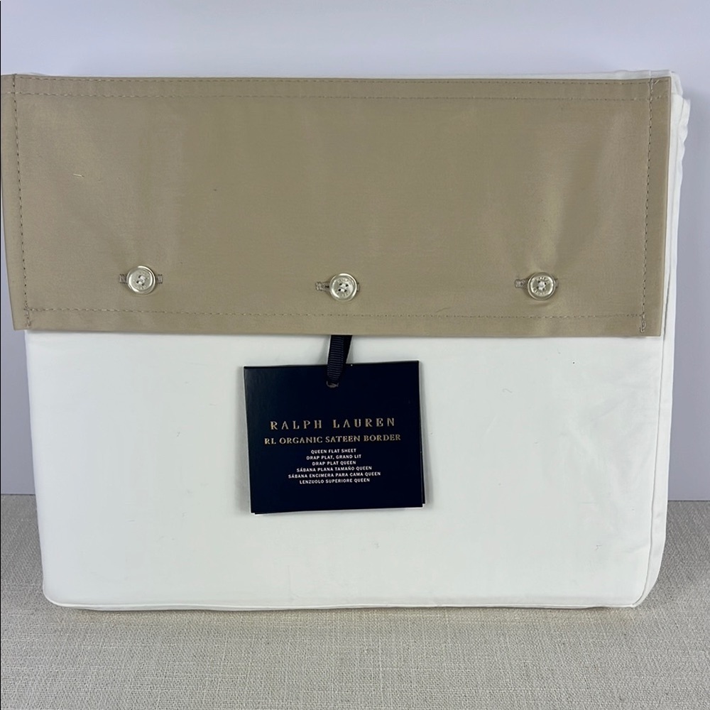Ralph Lauren Organic Sateen Border Queen Flat Sheet Coastal Sand 96 x 108 NEW